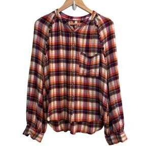 Pilcro Size M Medium Plaid Ruffle Detail Button Up Shirt